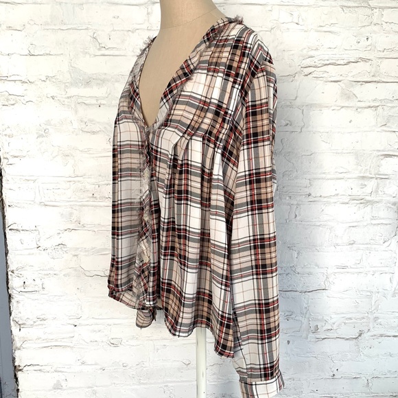 Hazel plaid blouse with lace back brown red check sheer long sleeve - Picture 2 of 9